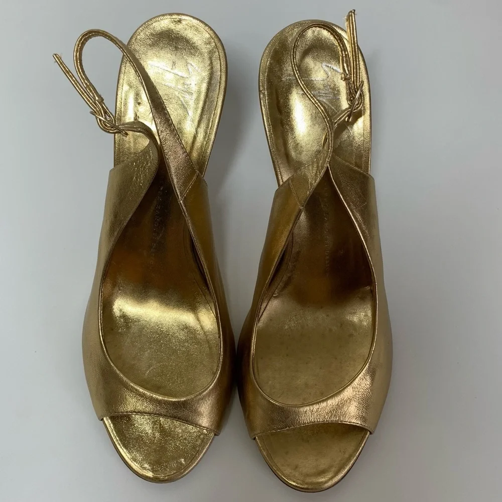 Giuseppe Zanotti Design Gold Leather slingback peeptoe heels EU size 39.5 US 9.5 - Picture 4 of 15